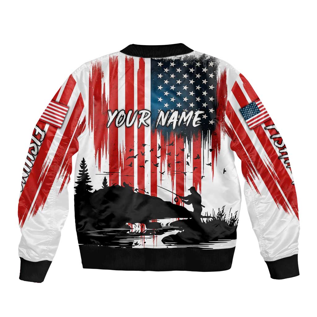 Custom Flag American Fishing Sleeve Zip Bomber Jacket Fish Silhouette in Grunge Patriotic - Wonder Print Shop