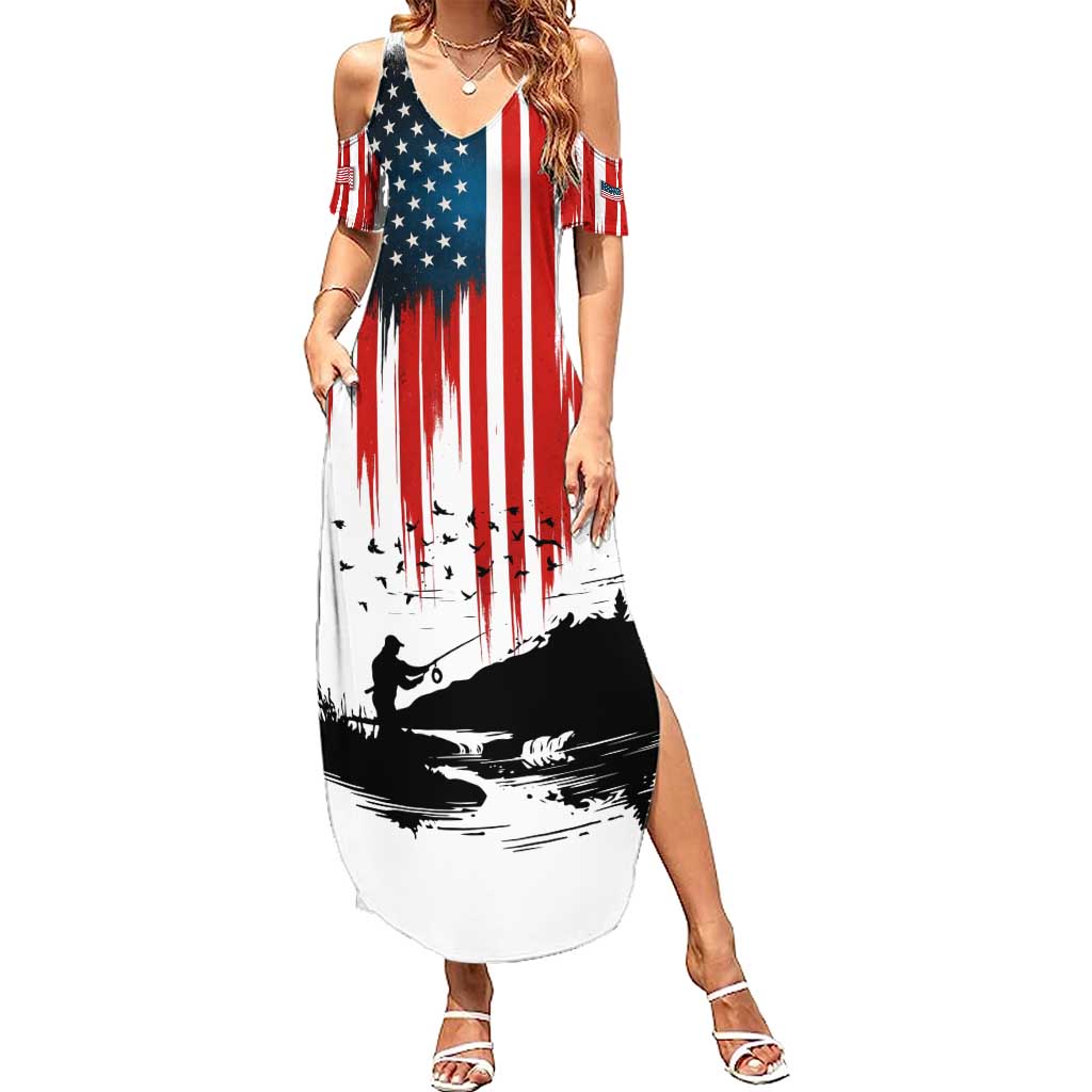 Custom Flag American Fishing Summer Maxi Dress Fish Silhouette in Grunge Patriotic - Wonder Print Shop