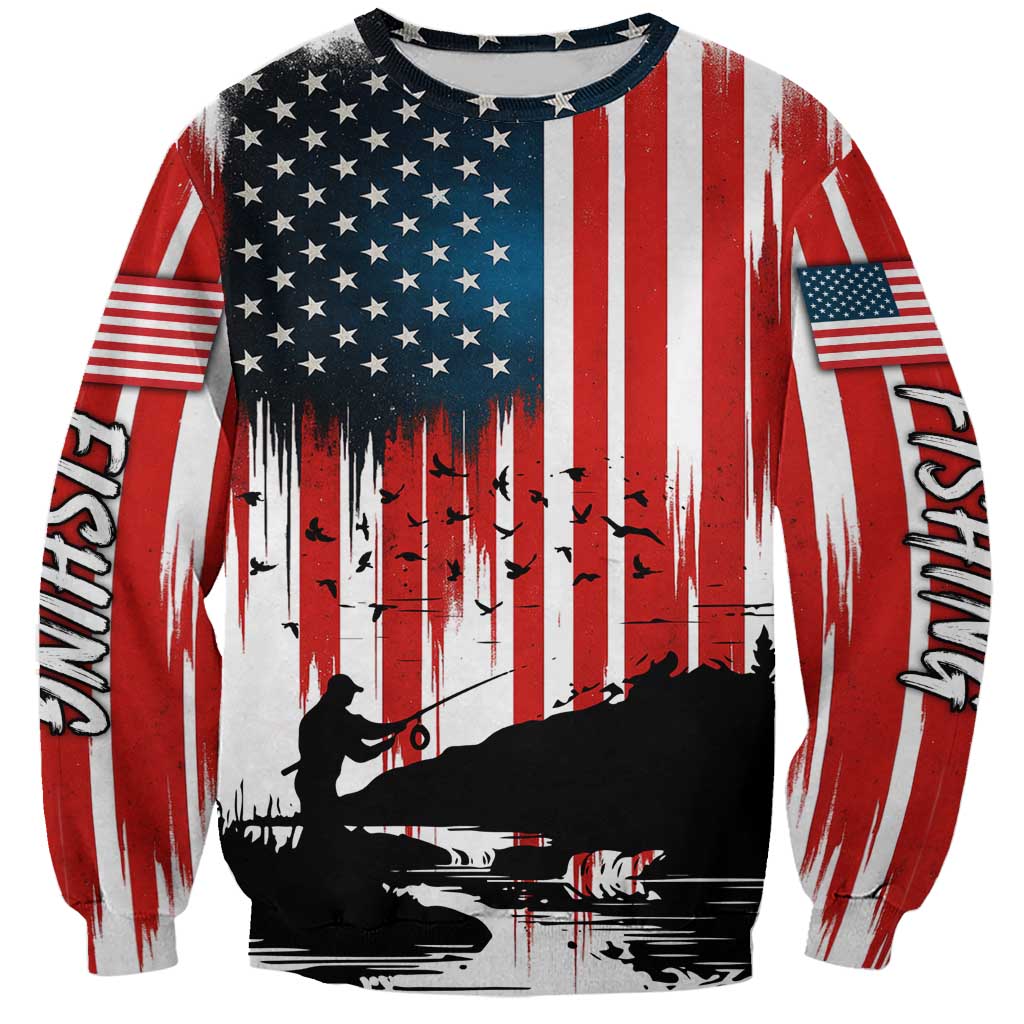 Custom Flag American Fishing Sweatshirt Fish Silhouette in Grunge Patriotic - Wonder Print Shop