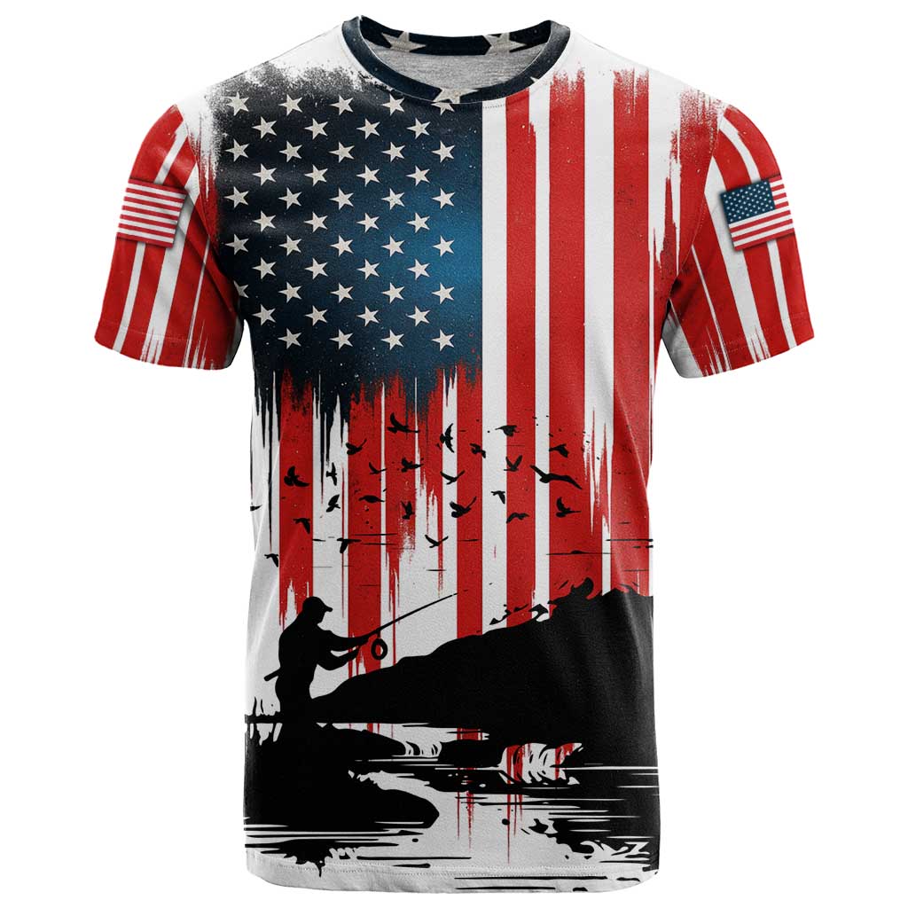 Custom Flag American Fishing T Shirt Fish Silhouette in Grunge Patriotic - Wonder Print Shop