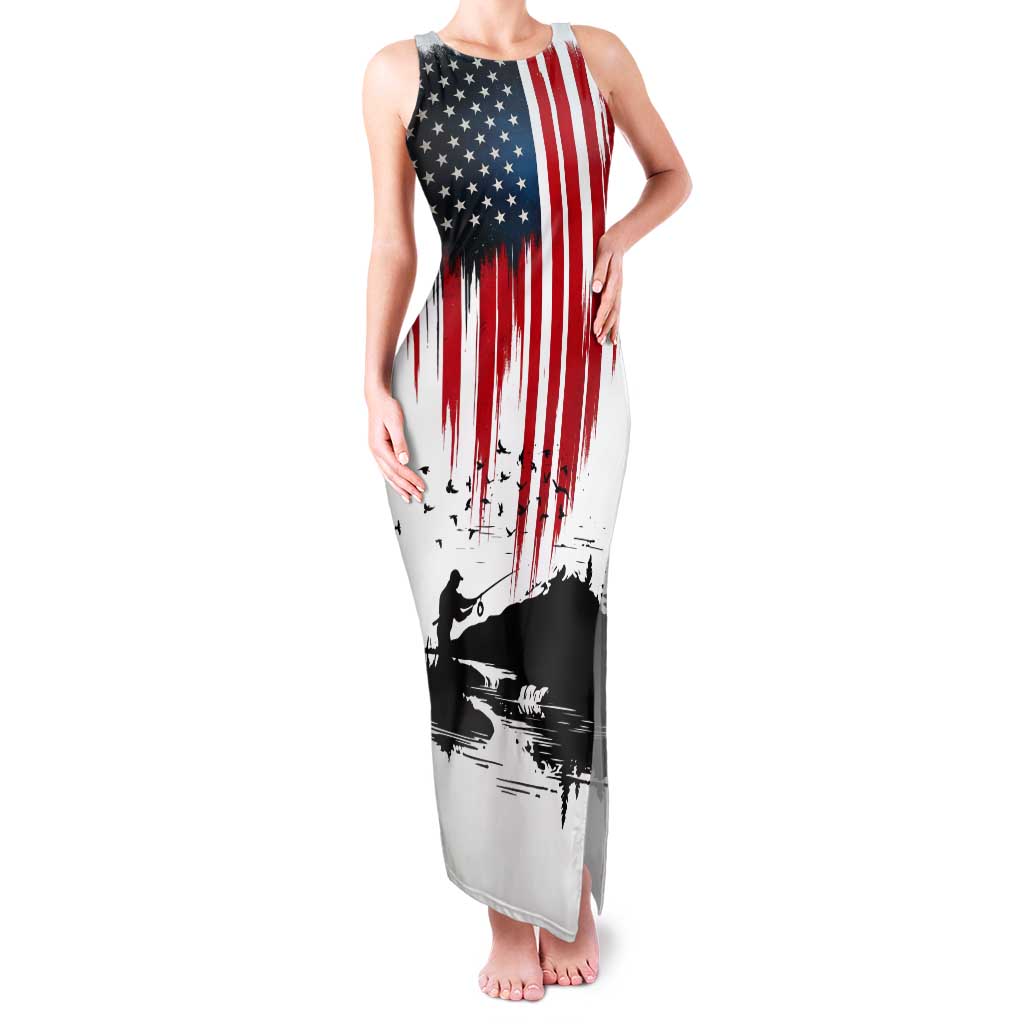 Custom Flag American Fishing Tank Maxi Dress Fish Silhouette in Grunge Patriotic - Wonder Print Shop