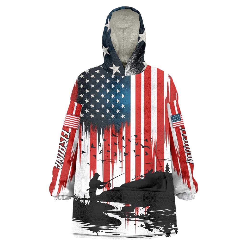 Custom Flag American Fishing Wearable Blanket Hoodie Fish Silhouette in Grunge Patriotic - Wonder Print Shop