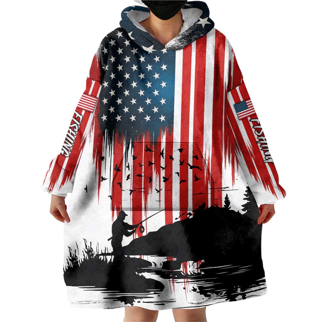 Custom Flag American Fishing Wearable Blanket Hoodie Fish Silhouette in Grunge Patriotic - Wonder Print Shop
