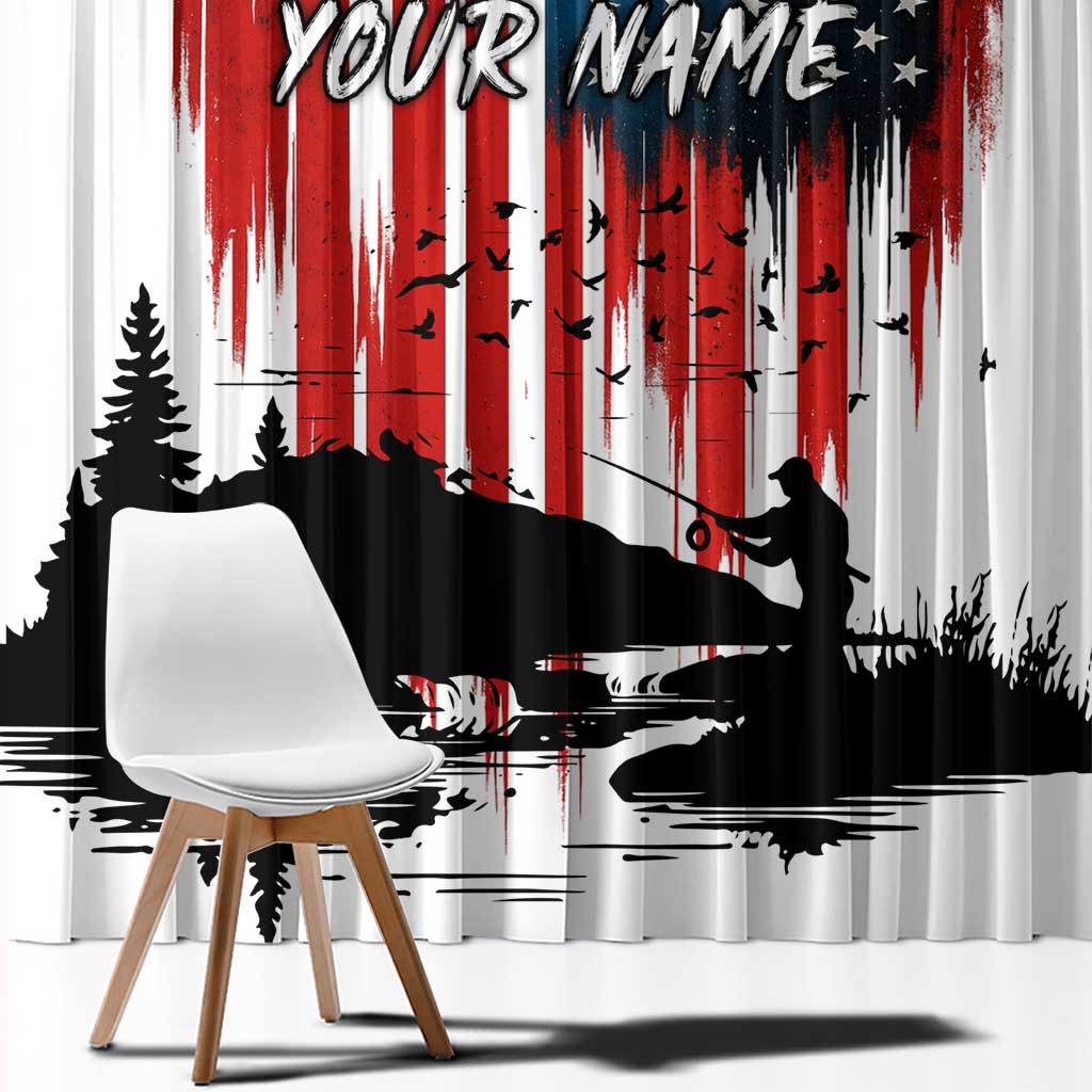 Custom Flag American Fishing Window Curtain Fish Silhouette in Grunge Patriotic - Wonder Print Shop