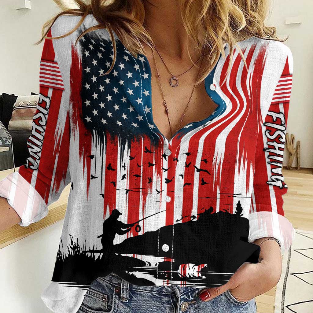 Custom Flag American Fishing Women Casual Shirt Fish Silhouette in Grunge Patriotic - Wonder Print Shop