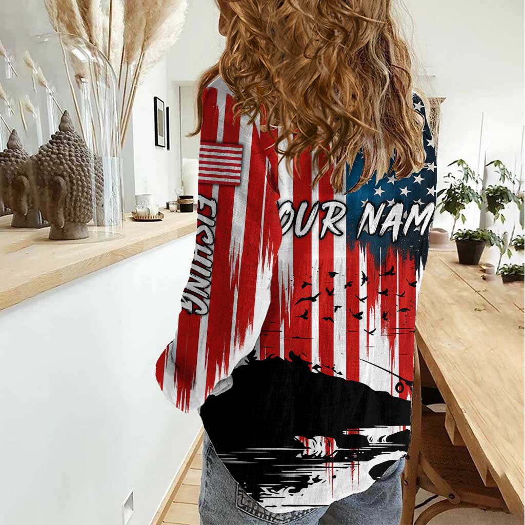 Custom Flag American Fishing Women Casual Shirt Fish Silhouette in Grunge Patriotic - Wonder Print Shop