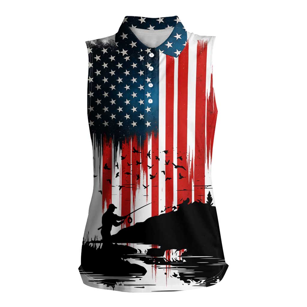 Custom Flag American Fishing Women Sleeveless Polo Shirt Fish Silhouette in Grunge Patriotic - Wonder Print Shop