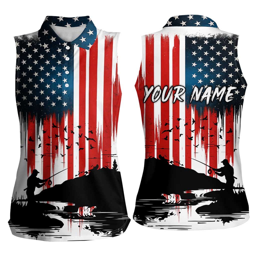 Custom Flag American Fishing Women Sleeveless Polo Shirt Fish Silhouette in Grunge Patriotic - Wonder Print Shop