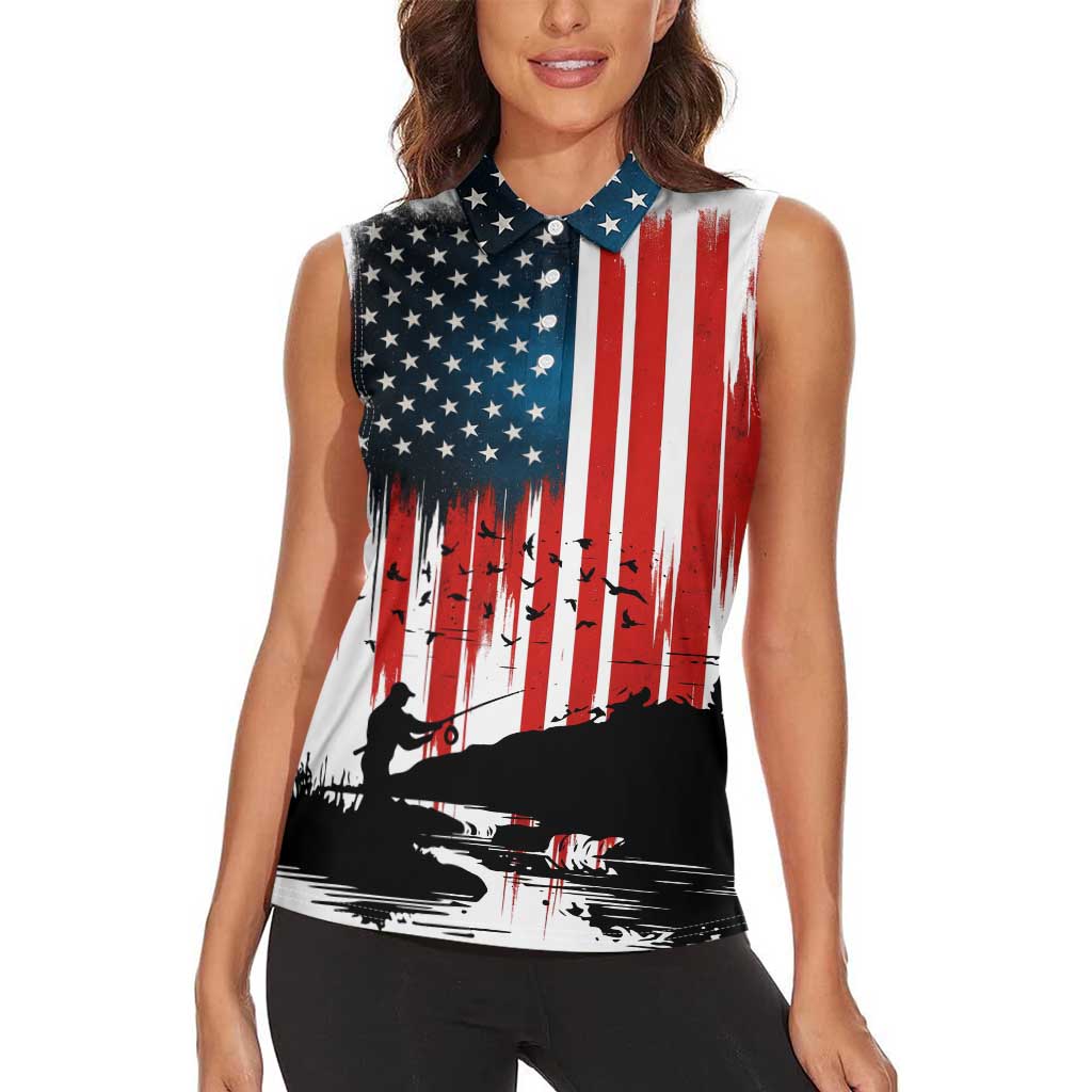 Custom Flag American Fishing Women Sleeveless Polo Shirt Fish Silhouette in Grunge Patriotic - Wonder Print Shop