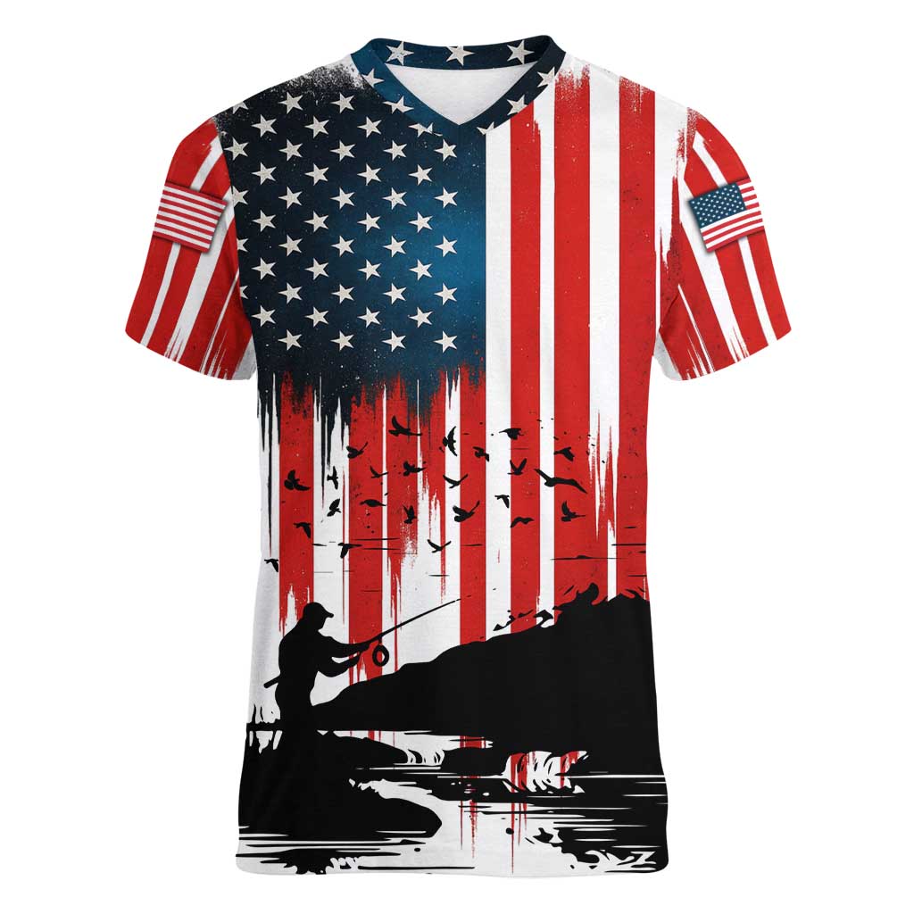 Custom Flag American Fishing Women V-Neck T-Shirt Fish Silhouette in Grunge Patriotic - Wonder Print Shop