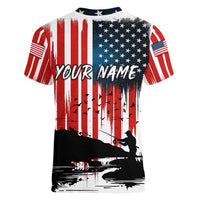 Custom Flag American Fishing Women V-Neck T-Shirt Fish Silhouette in Grunge Patriotic - Wonder Print Shop