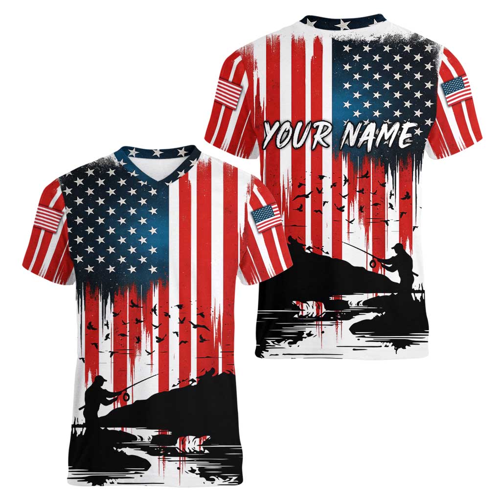 Custom Flag American Fishing Women V-Neck T-Shirt Fish Silhouette in Grunge Patriotic - Wonder Print Shop