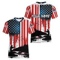 Custom Flag American Fishing Women V-Neck T-Shirt Fish Silhouette in Grunge Patriotic - Wonder Print Shop