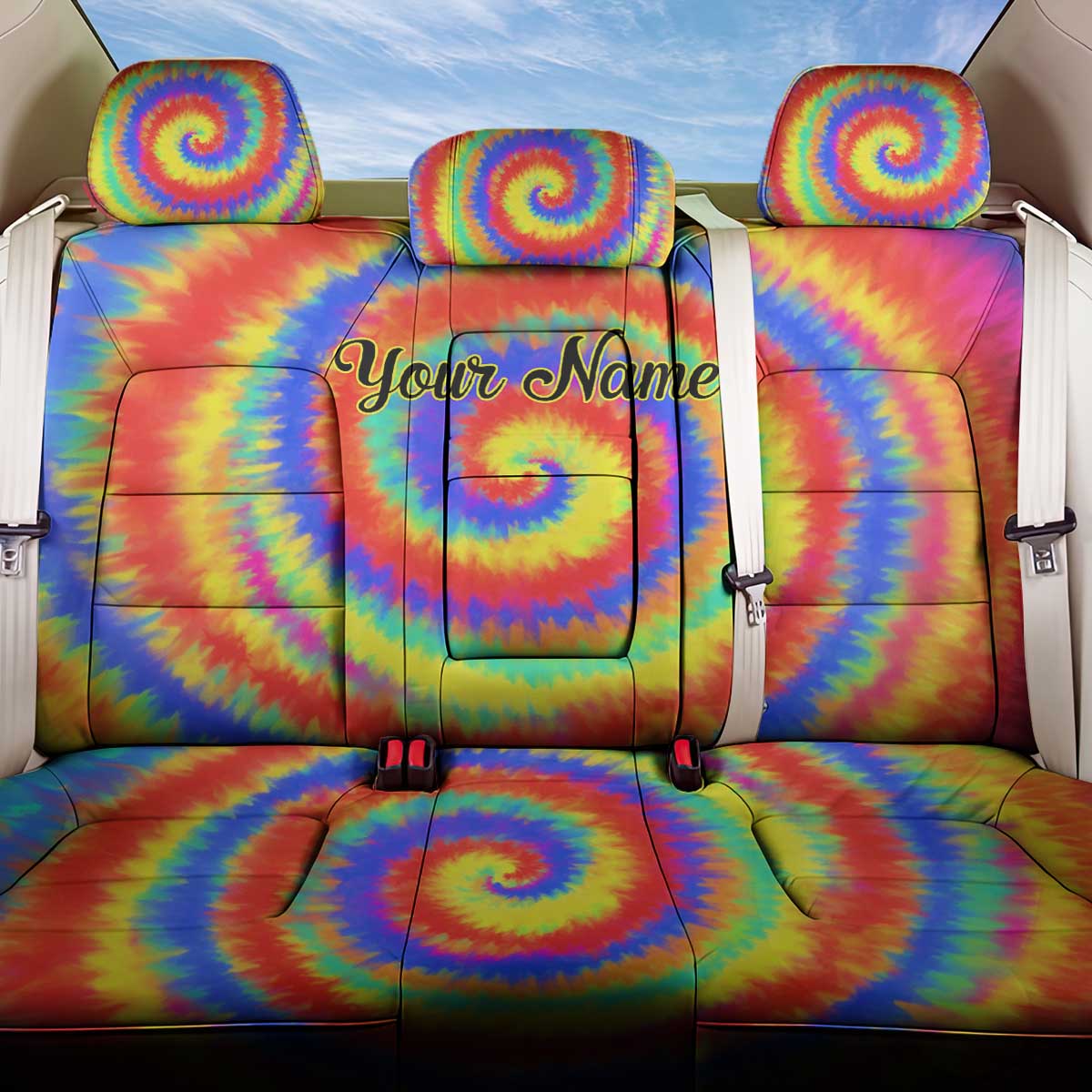 Colorful Tie Dye Spiral Goft Back Car Seat Cover Custom Name in Retro Psychedelic Style Design - Wonder Print Shop