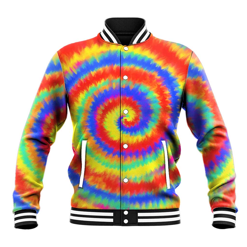Colorful Tie Dye Spiral Goft Baseball Jacket Custom Name in Retro Psychedelic Style Design - Wonder Print Shop