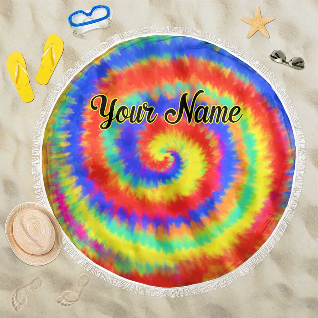 Colorful Tie Dye Spiral Goft Beach Blanket Custom Name in Retro Psychedelic Style Design - Wonder Print Shop