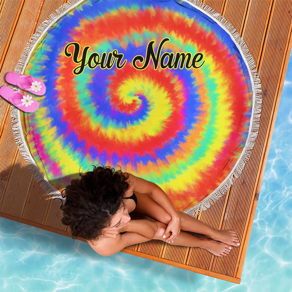 Colorful Tie Dye Spiral Goft Beach Blanket Custom Name in Retro Psychedelic Style Design - Wonder Print Shop
