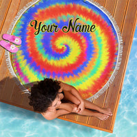 Colorful Tie Dye Spiral Goft Beach Blanket Custom Name in Retro Psychedelic Style Design - Wonder Print Shop