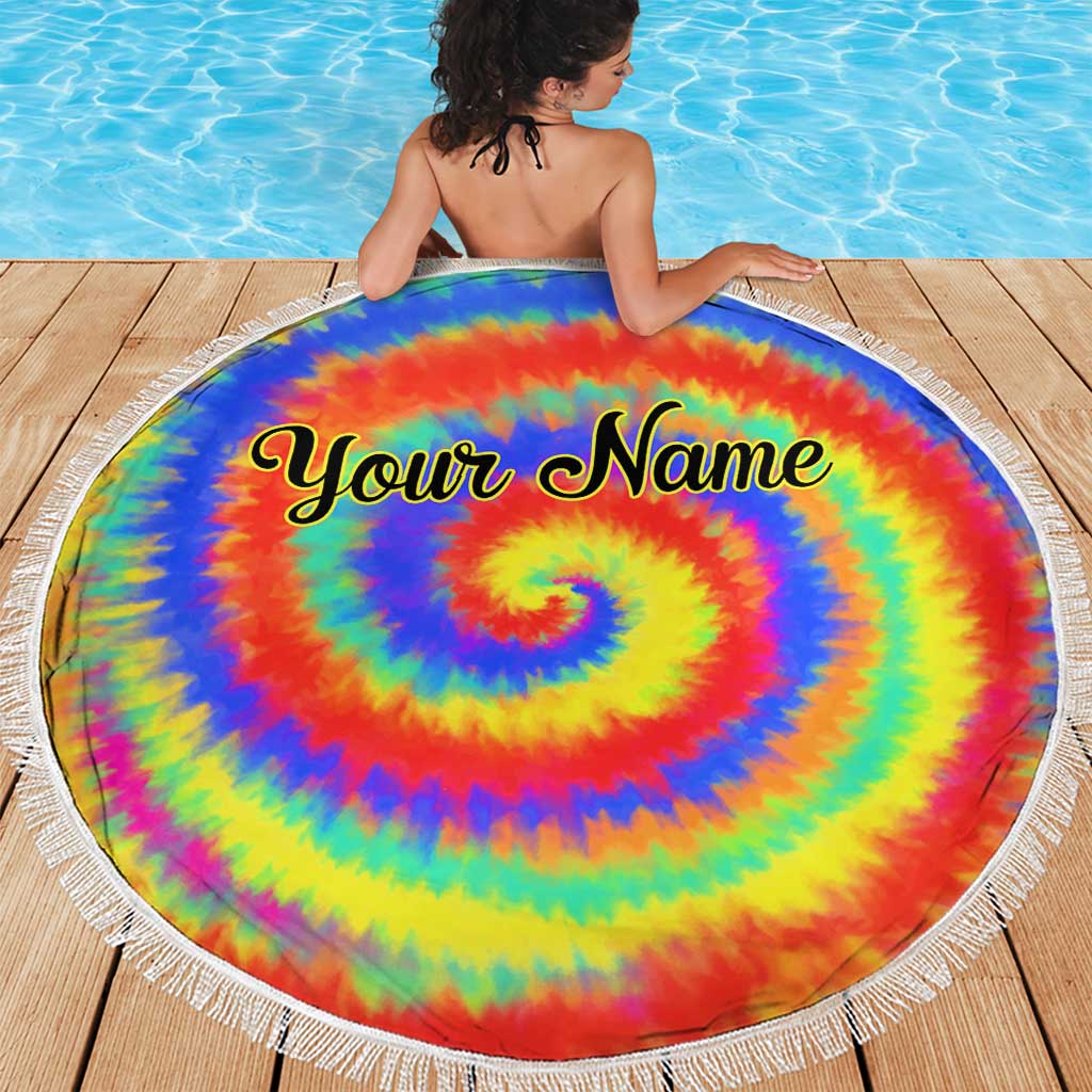 Colorful Tie Dye Spiral Goft Beach Blanket Custom Name in Retro Psychedelic Style Design - Wonder Print Shop
