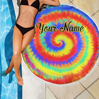 Colorful Tie Dye Spiral Goft Beach Blanket Custom Name in Retro Psychedelic Style Design - Wonder Print Shop