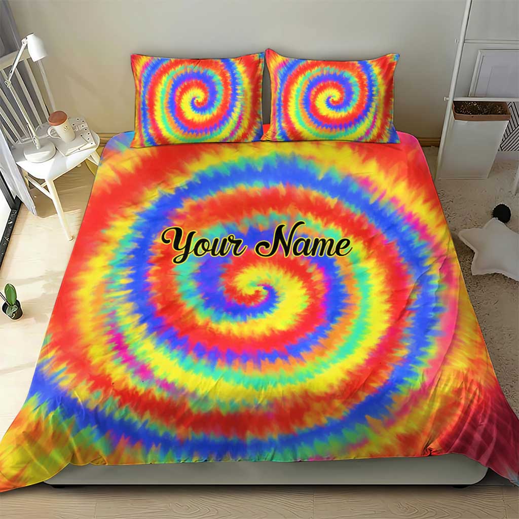 Colorful Tie Dye Spiral Goft Bedding Set Custom Name in Retro Psychedelic Style Design - Wonder Print Shop