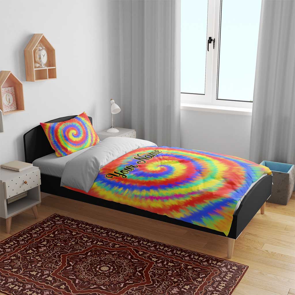 Colorful Tie Dye Spiral Goft Bedding Set Custom Name in Retro Psychedelic Style Design - Wonder Print Shop