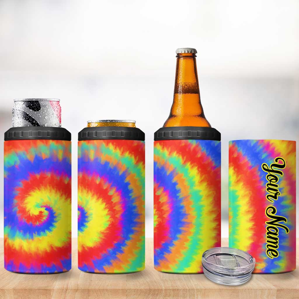 Colorful Tie Dye Spiral Goft 4 in 1 Can Cooler Tumbler Custom Name in Retro Psychedelic Style Design - Wonder Print Shop
