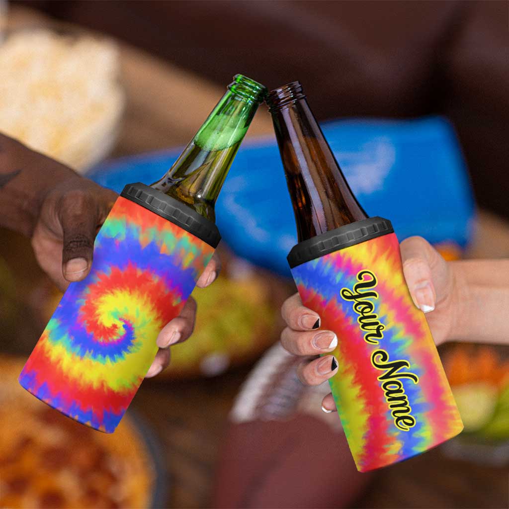 Colorful Tie Dye Spiral Goft 4 in 1 Can Cooler Tumbler Custom Name in Retro Psychedelic Style Design - Wonder Print Shop