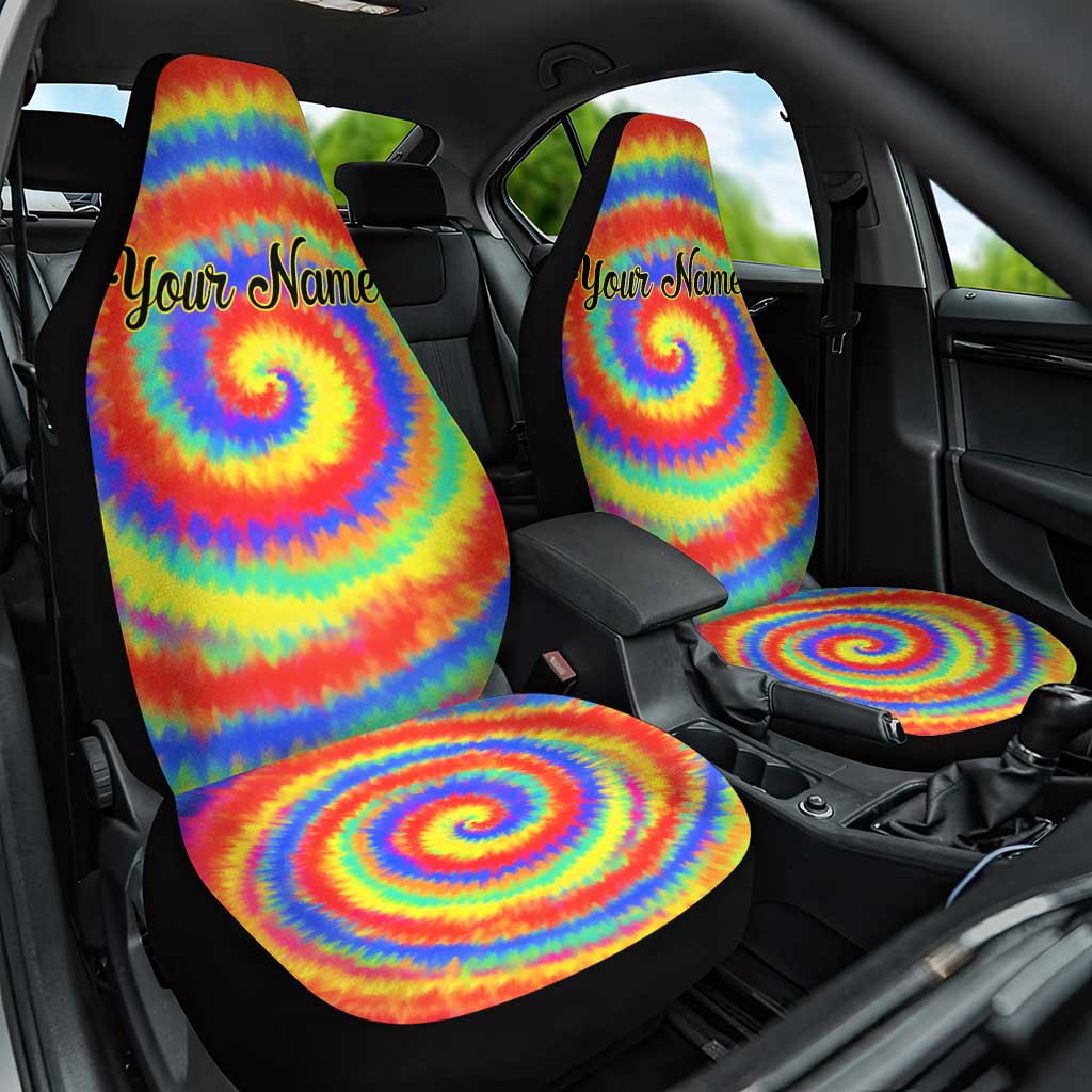 Colorful Tie Dye Spiral Goft Car Seat Cover Custom Name in Retro Psychedelic Style Design - Wonder Print Shop