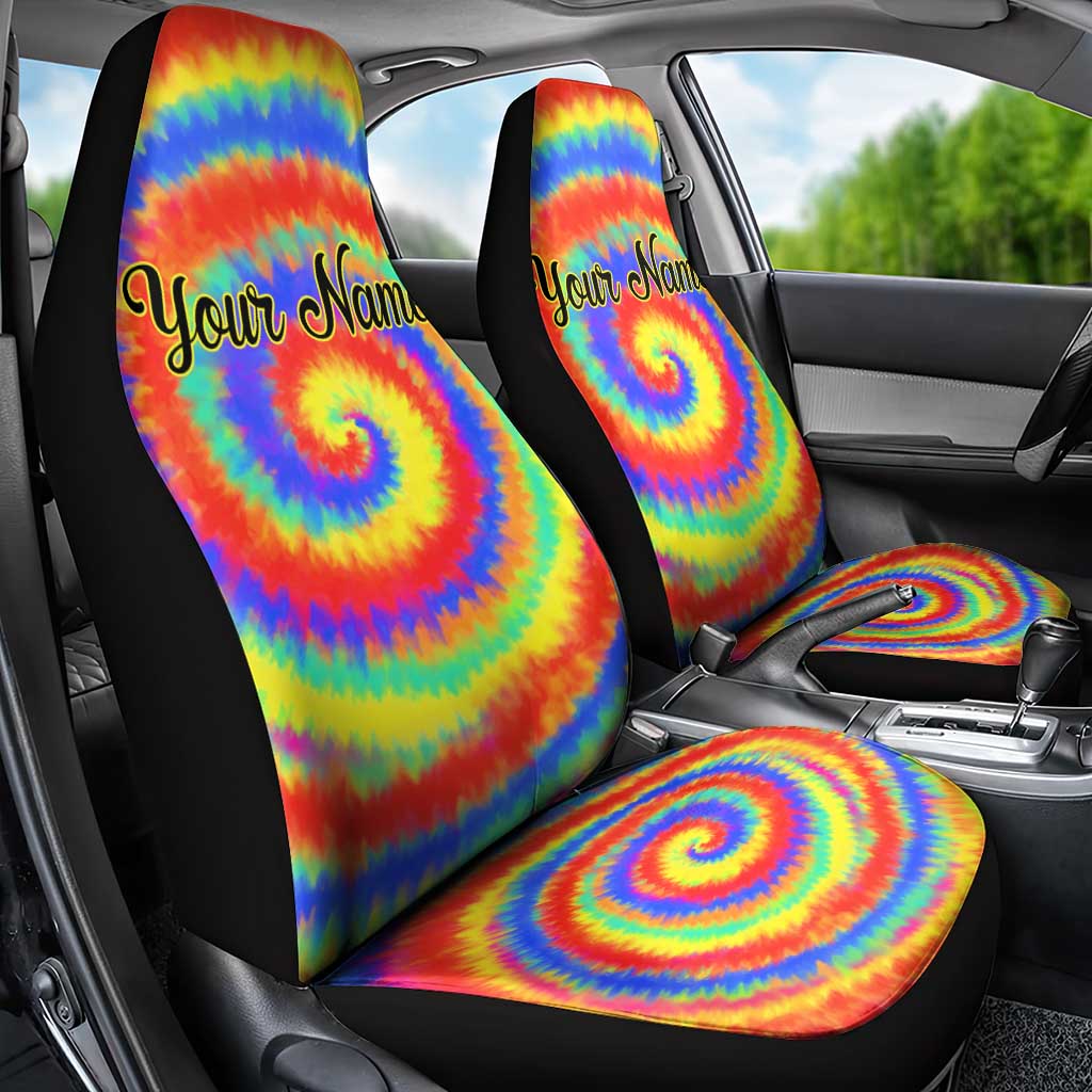 Colorful Tie Dye Spiral Goft Car Seat Cover Custom Name in Retro Psychedelic Style Design - Wonder Print Shop