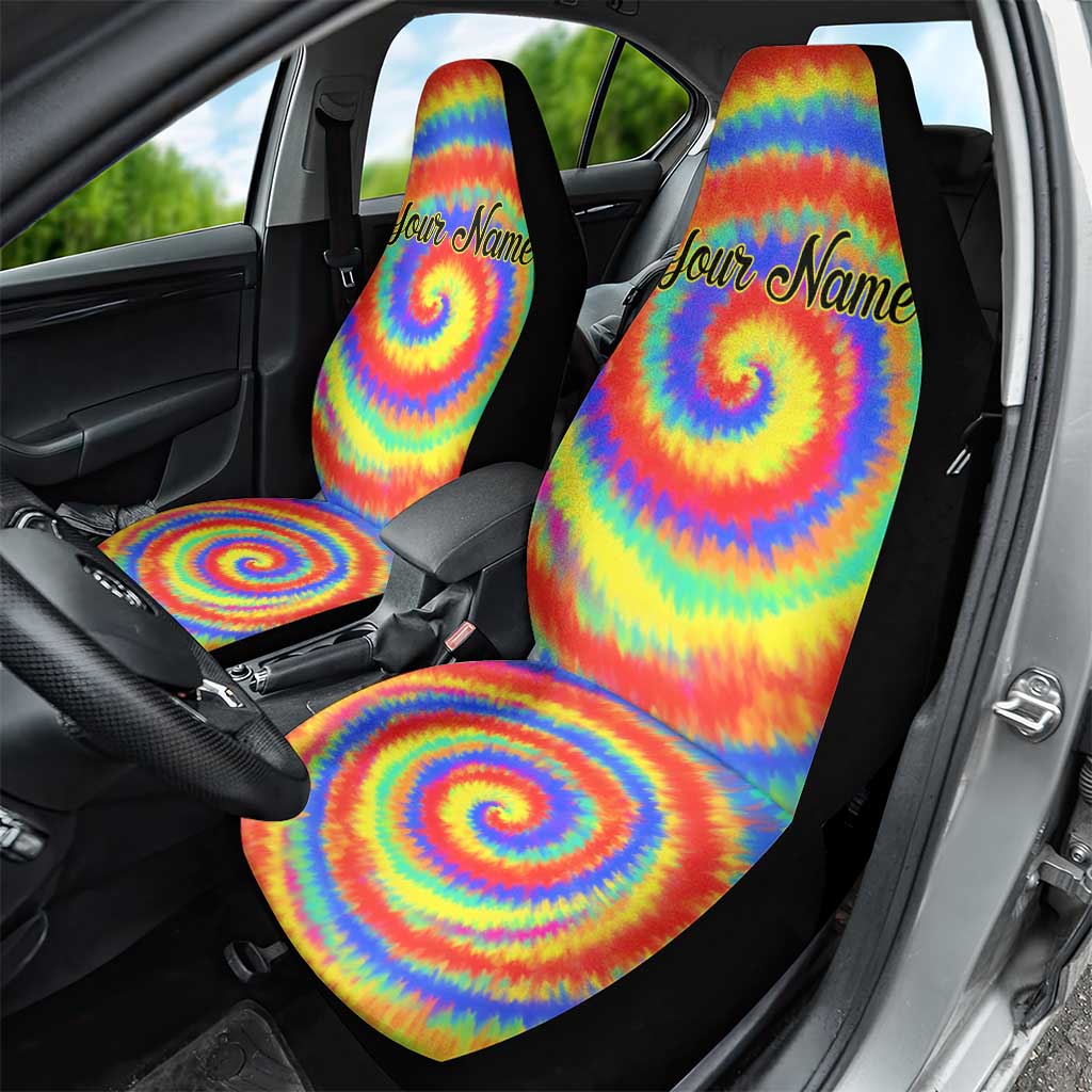 Colorful Tie Dye Spiral Goft Car Seat Cover Custom Name in Retro Psychedelic Style Design - Wonder Print Shop