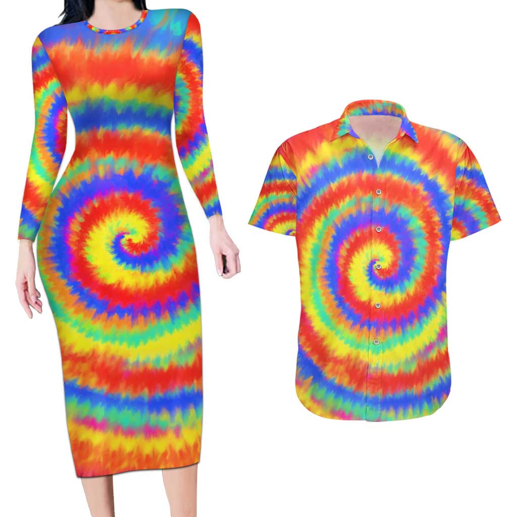 Colorful Tie Dye Spiral Goft Couples Matching Long Sleeve Bodycon Dress and Hawaiian Shirt Custom Name in Retro Psychedelic Style Design - Wonder Print Shop
