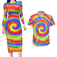 Colorful Tie Dye Spiral Goft Couples Matching Long Sleeve Bodycon Dress and Hawaiian Shirt Custom Name in Retro Psychedelic Style Design - Wonder Print Shop