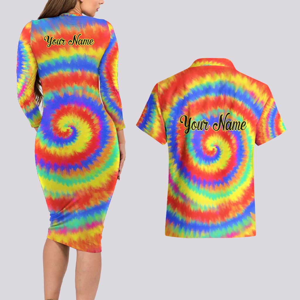 Colorful Tie Dye Spiral Goft Couples Matching Long Sleeve Bodycon Dress and Hawaiian Shirt Custom Name in Retro Psychedelic Style Design - Wonder Print Shop