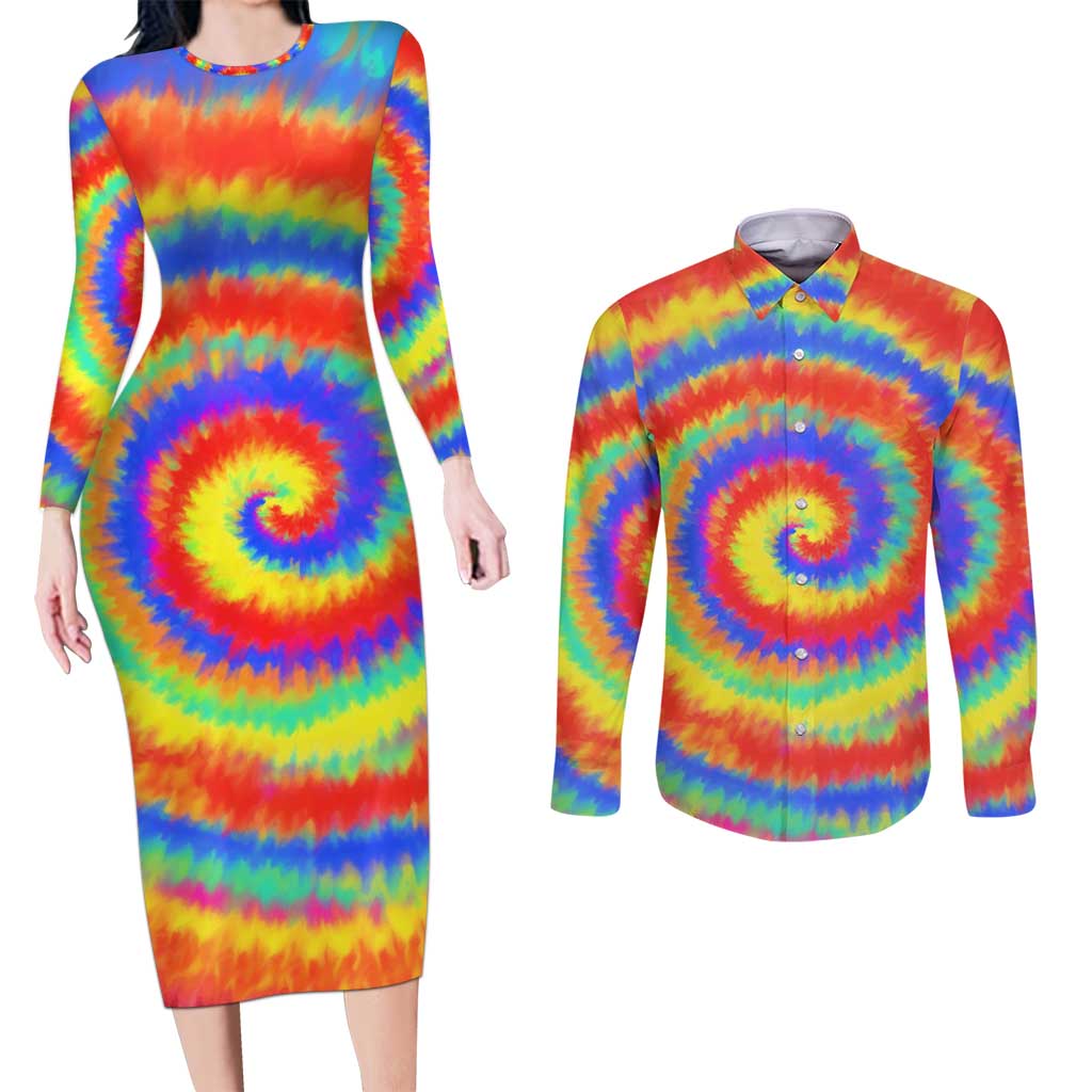 Colorful Tie Dye Spiral Goft Couples Matching Long Sleeve Bodycon Dress and Long Sleeve Button Shirt Custom Name in Retro Psychedelic Style Design - Wonder Print Shop