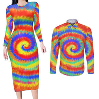 Colorful Tie Dye Spiral Goft Couples Matching Long Sleeve Bodycon Dress and Long Sleeve Button Shirt Custom Name in Retro Psychedelic Style Design - Wonder Print Shop