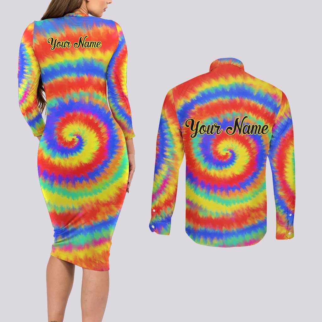 Colorful Tie Dye Spiral Goft Couples Matching Long Sleeve Bodycon Dress and Long Sleeve Button Shirt Custom Name in Retro Psychedelic Style Design - Wonder Print Shop