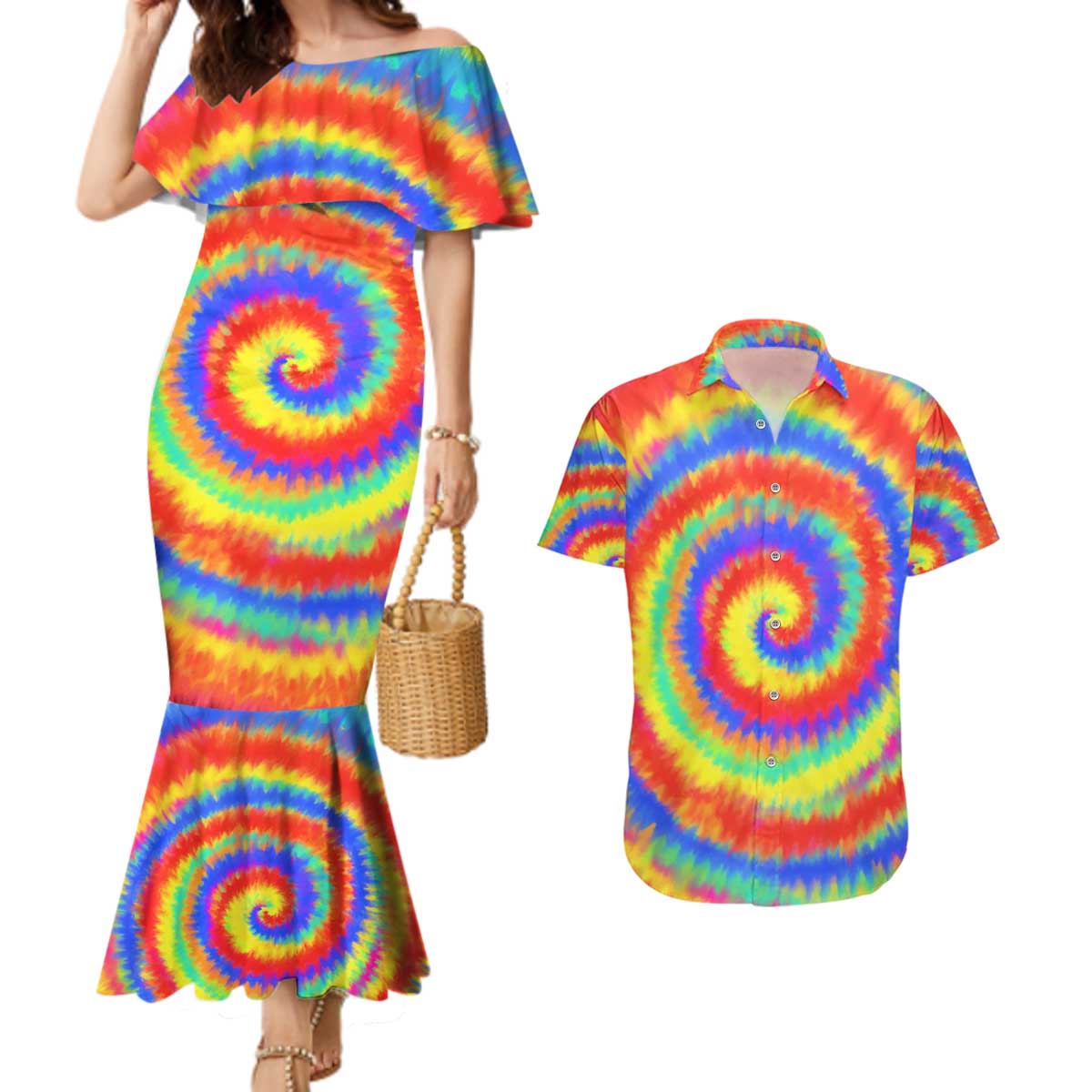 Colorful Tie Dye Spiral Goft Couples Matching Mermaid Dress and Hawaiian Shirt Custom Name in Retro Psychedelic Style Design - Wonder Print Shop