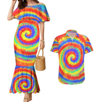 Colorful Tie Dye Spiral Goft Couples Matching Mermaid Dress and Hawaiian Shirt Custom Name in Retro Psychedelic Style Design - Wonder Print Shop