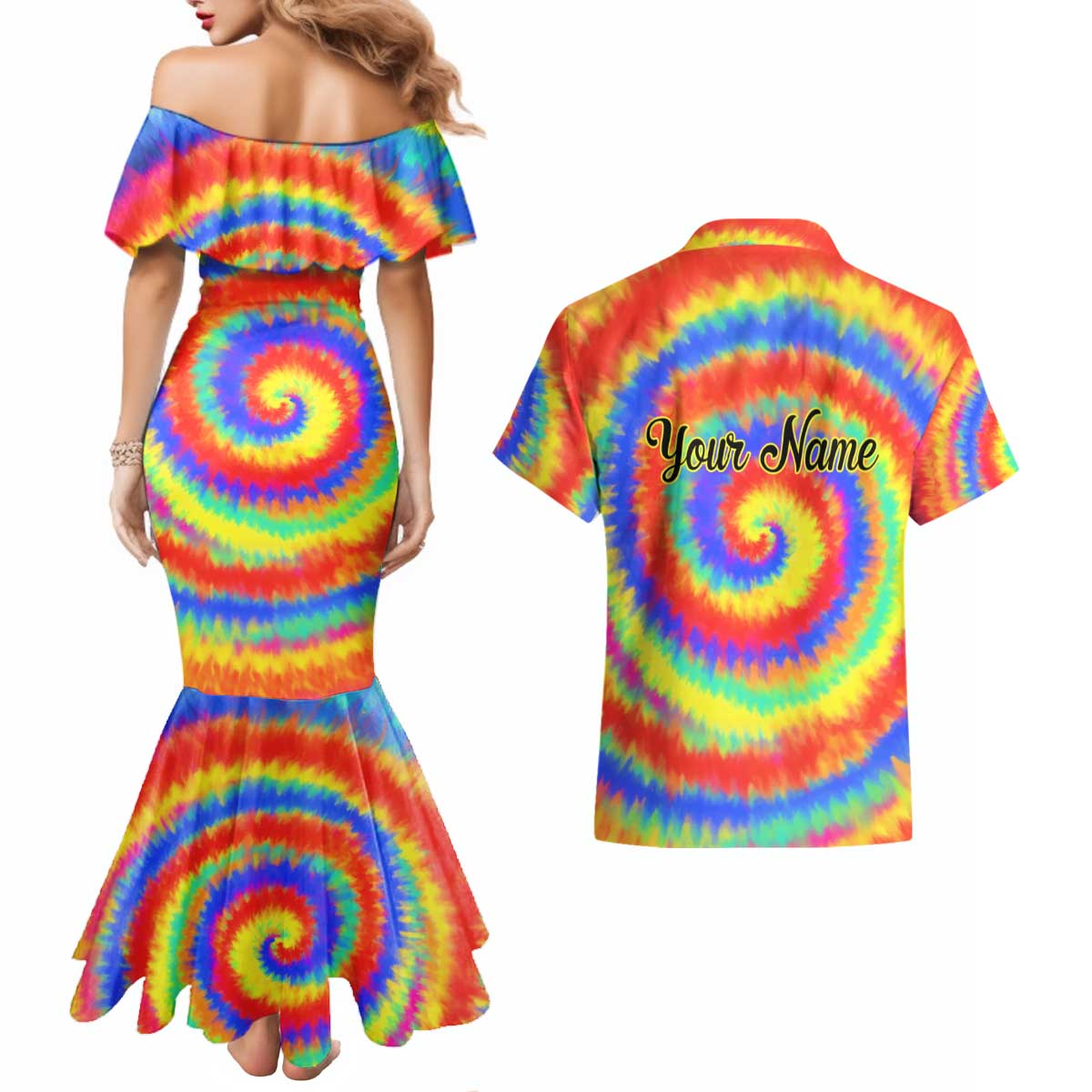 Colorful Tie Dye Spiral Goft Couples Matching Mermaid Dress and Hawaiian Shirt Custom Name in Retro Psychedelic Style Design - Wonder Print Shop