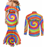 Colorful Tie Dye Spiral Goft Couples Matching Mermaid Dress and Long Sleeve Button Shirt Custom Name in Retro Psychedelic Style Design - Wonder Print Shop