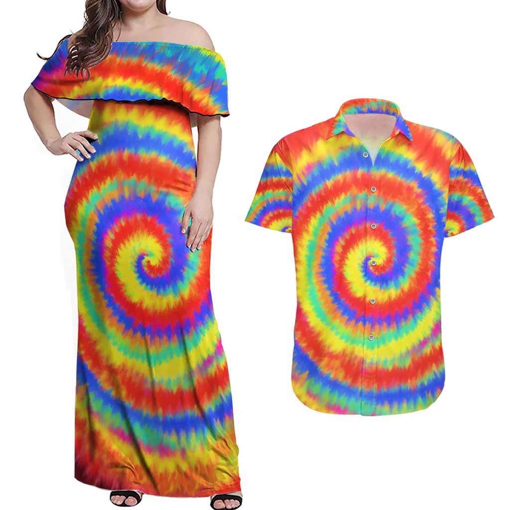 Colorful Tie Dye Spiral Goft Couples Matching Off Shoulder Maxi Dress and Hawaiian Shirt Custom Name in Retro Psychedelic Style Design - Wonder Print Shop