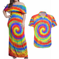 Colorful Tie Dye Spiral Goft Couples Matching Off Shoulder Maxi Dress and Hawaiian Shirt Custom Name in Retro Psychedelic Style Design - Wonder Print Shop