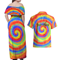 Colorful Tie Dye Spiral Goft Couples Matching Off Shoulder Maxi Dress and Hawaiian Shirt Custom Name in Retro Psychedelic Style Design - Wonder Print Shop