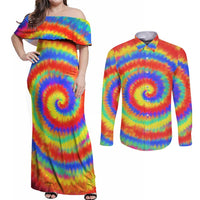 Colorful Tie Dye Spiral Goft Couples Matching Off Shoulder Maxi Dress and Long Sleeve Button Shirt Custom Name in Retro Psychedelic Style Design - Wonder Print Shop
