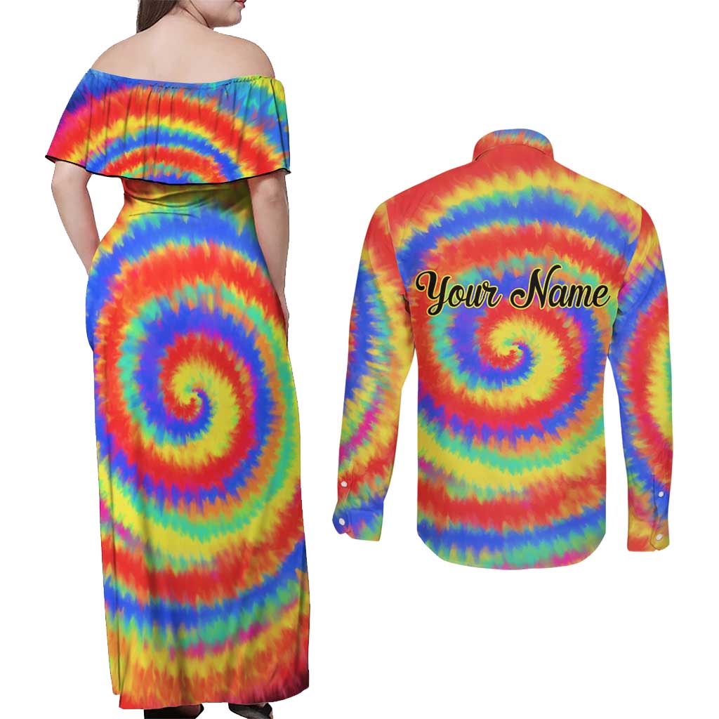 Colorful Tie Dye Spiral Goft Couples Matching Off Shoulder Maxi Dress and Long Sleeve Button Shirt Custom Name in Retro Psychedelic Style Design - Wonder Print Shop
