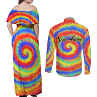 Colorful Tie Dye Spiral Goft Couples Matching Off Shoulder Maxi Dress and Long Sleeve Button Shirt Custom Name in Retro Psychedelic Style Design - Wonder Print Shop