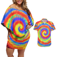 Colorful Tie Dye Spiral Goft Couples Matching Off Shoulder Short Dress and Hawaiian Shirt Custom Name in Retro Psychedelic Style Design - Wonder Print Shop