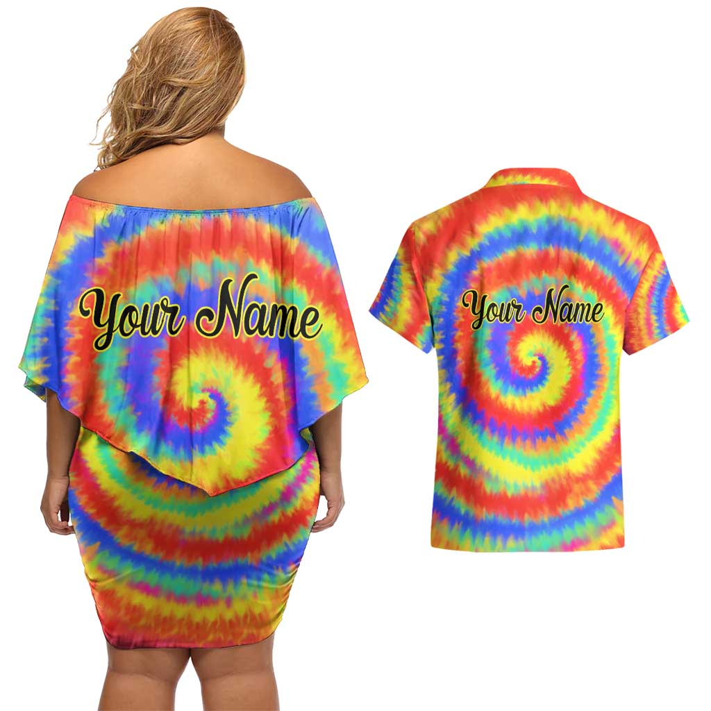 Colorful Tie Dye Spiral Goft Couples Matching Off Shoulder Short Dress and Hawaiian Shirt Custom Name in Retro Psychedelic Style Design - Wonder Print Shop