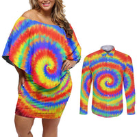 Colorful Tie Dye Spiral Goft Couples Matching Off Shoulder Short Dress and Long Sleeve Button Shirt Custom Name in Retro Psychedelic Style Design - Wonder Print Shop